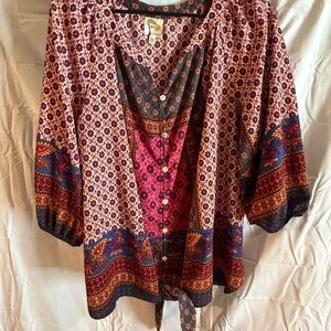 Fig and Flower Red Pink Graphic Tie Front Blouse